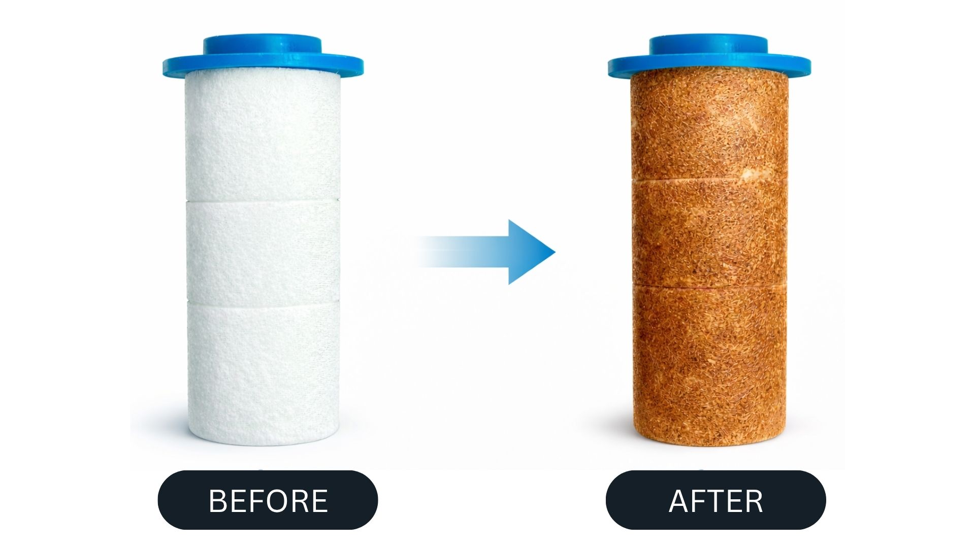 Before and after filter cartridge comparison showing trapped shower water buildup